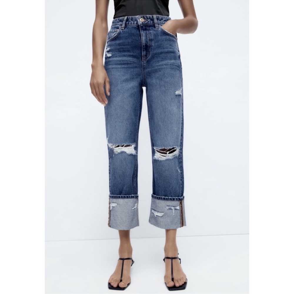 Zara Folded Hem Distressed Jeans